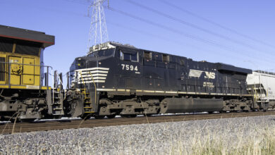 A train with the letters N S written on its side sits in a rail yard.