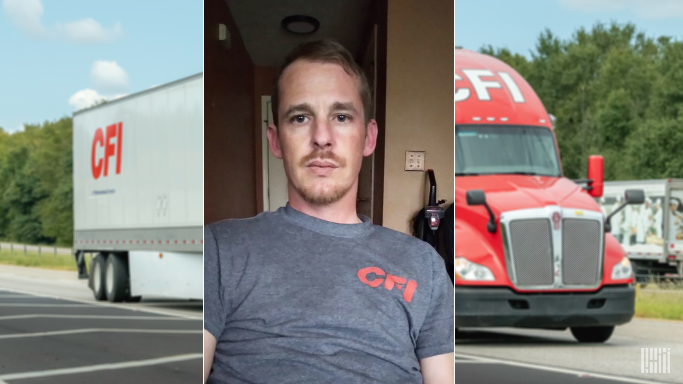 CFI truck with white trailer and inlay photo of driver Zach Yeakley.